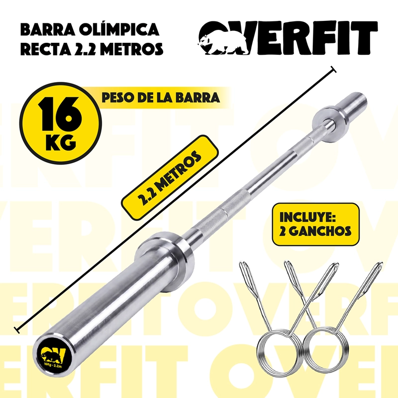 BARRA OLIMPICA FORMA RECTA 16KG OVERFIT DE 2.2 METROS - 2
