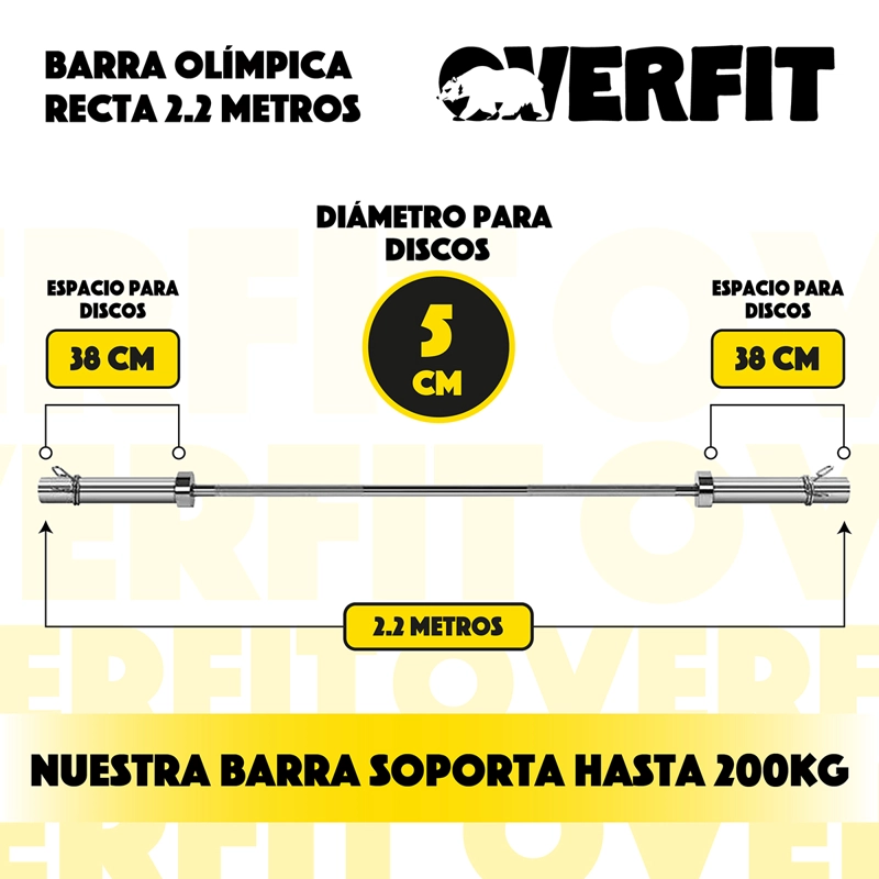 BARRA OLIMPICA FORMA RECTA 16KG OVERFIT DE 2.2 METROS - 3