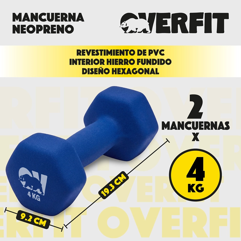 KIT X2 MANCUERNAS HEXAGONALES 4KG NEOPRENO OVERFIT - 2
