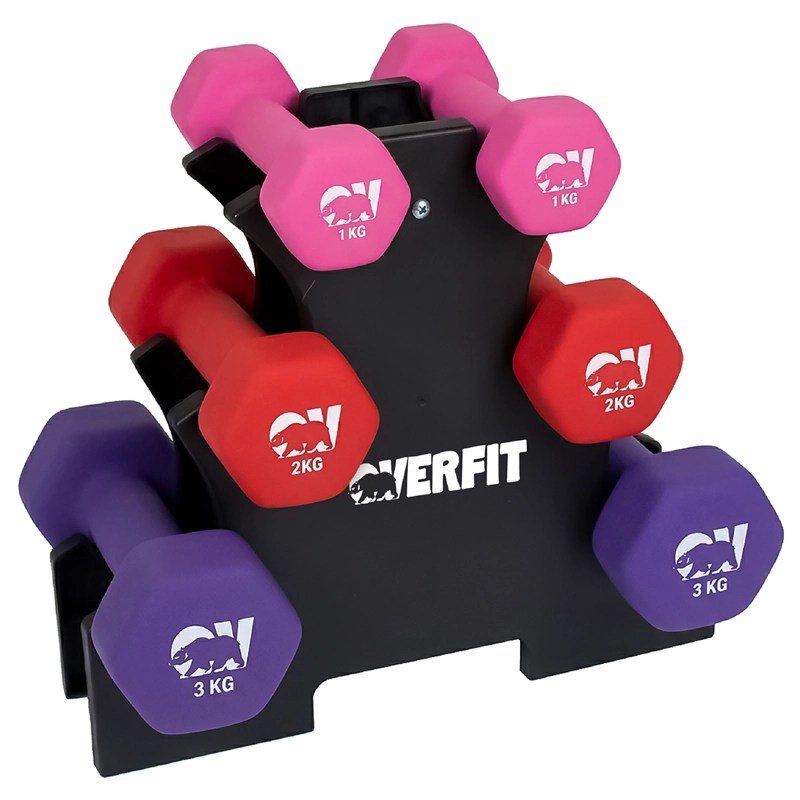 Mancuernas Pesas Hexagonales Neopreno Overfit Set 3 Pares 12 Kg Con Rack - 1