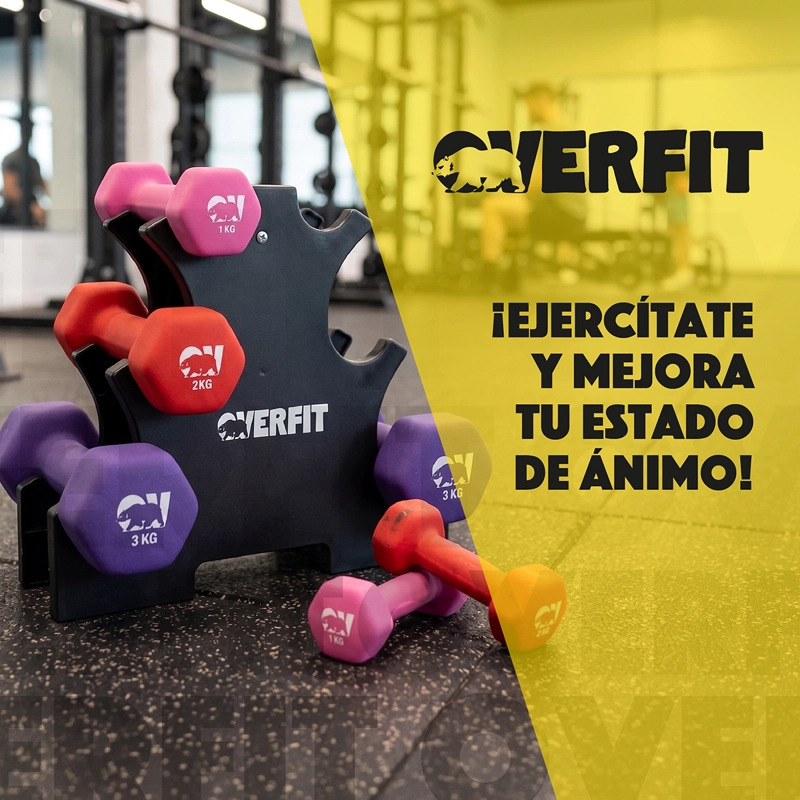 Mancuernas Pesas Hexagonales Neopreno Overfit Set 3 Pares 12 Kg Con Rack - 10
