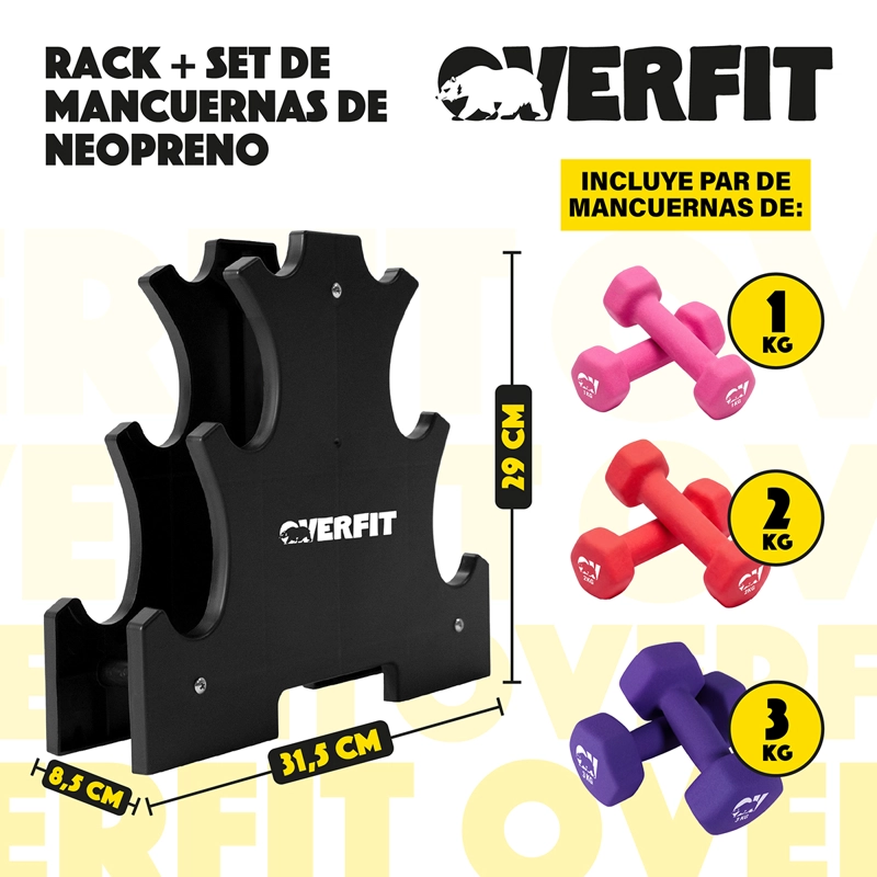Mancuernas Pesas Hexagonales Neopreno Overfit Set 3 Pares 12 Kg Con Rack - 2