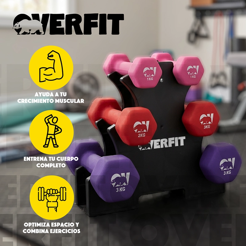 Mancuernas Pesas Hexagonales Neopreno Overfit Set 3 Pares 12 Kg Con Rack - 3