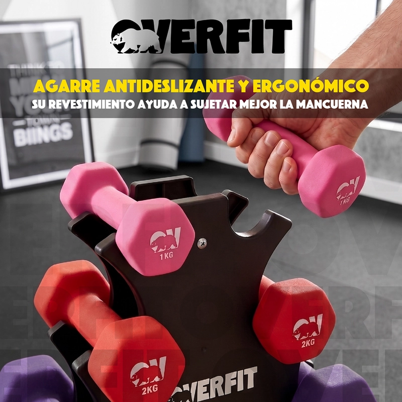 Mancuernas Pesas Hexagonales Neopreno Overfit Set 3 Pares 12 Kg Con Rack - 4