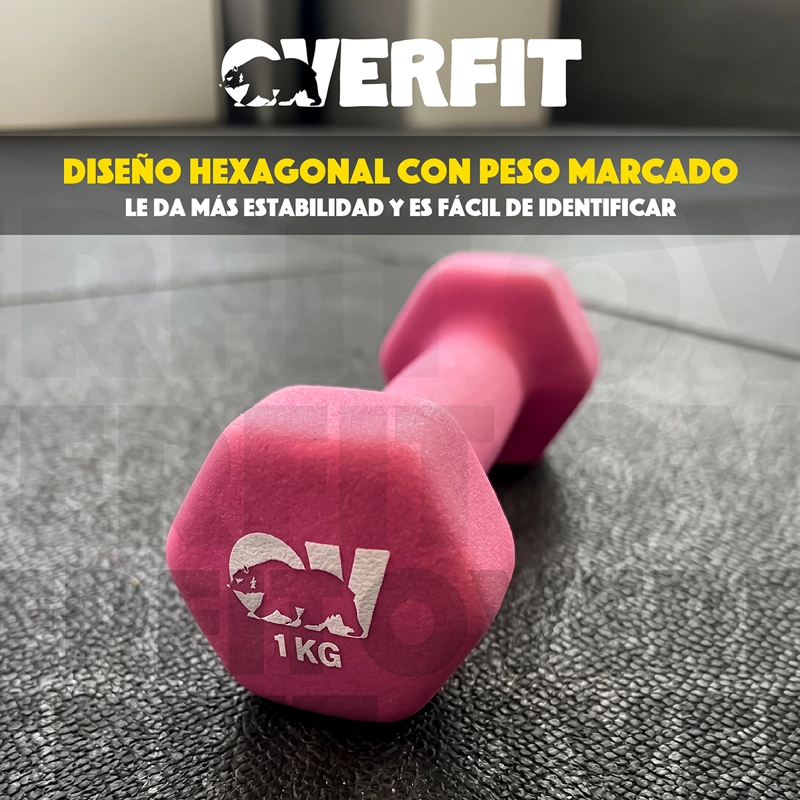 Mancuernas Pesas Hexagonales Neopreno Overfit Set 3 Pares 12 Kg Con Rack - 5
