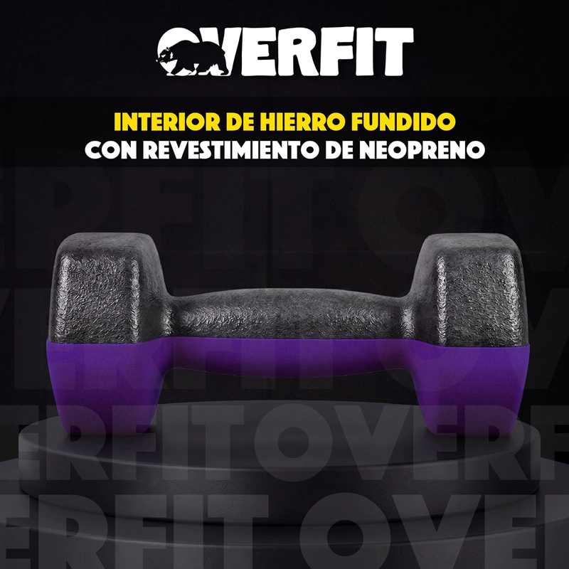 Mancuernas Pesas Hexagonales Neopreno Overfit Set 3 Pares 12 Kg Con Rack - 6