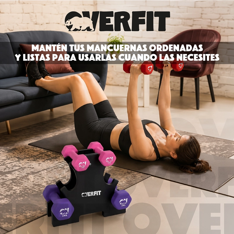 Mancuernas Pesas Hexagonales Neopreno Overfit Set 3 Pares 12 Kg Con Rack - 8