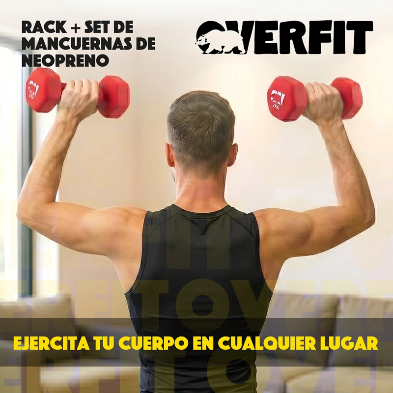 Mancuernas Pesas Hexagonales Neopreno Overfit Set 3 Pares 12 Kg Con Rack - 9