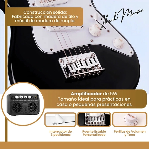 GUITARRA ELECTRICA NIÑO 30 IBRAH MUSIC NEGRO + AMPLIF + ACCESORIOS - 4