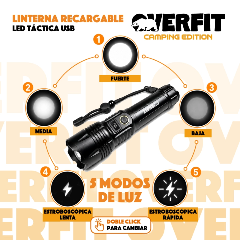 LINTERNA LED OVERFIT LARGO ALCANCE BOLSILLO TACTICA POTENTE RECARGABLE - 4