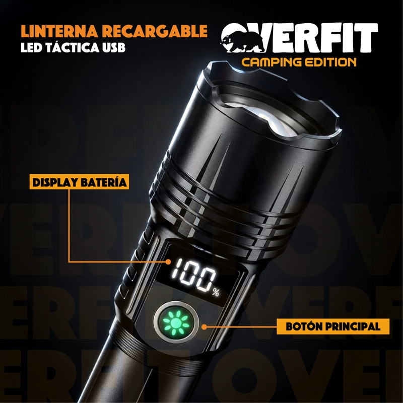 LINTERNA LED OVERFIT LARGO ALCANCE BOLSILLO TACTICA POTENTE RECARGABLE - 8