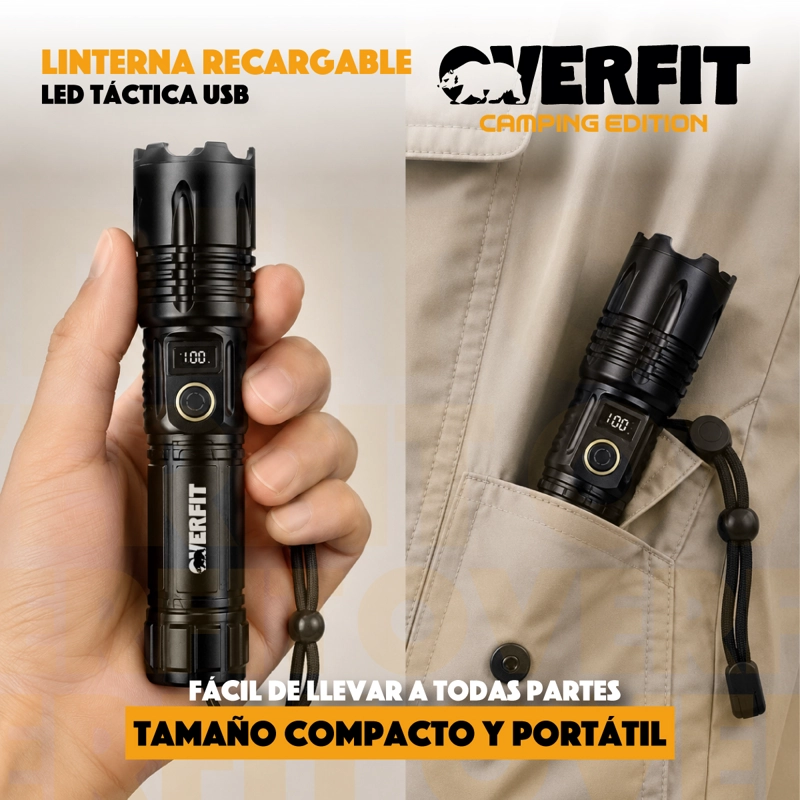 LINTERNA LED OVERFIT LARGO ALCANCE BOLSILLO TACTICA POTENTE RECARGABLE - 9
