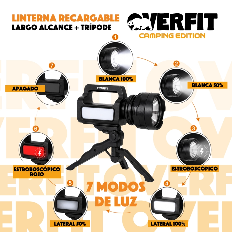 LINTERNA FOCO OVERFIT LARGO ALCANCE ULTRA POTENTE RECARGABLE + TRIPODE - 4