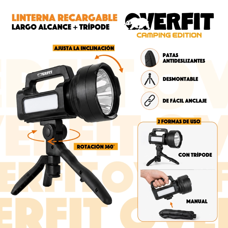LINTERNA FOCO OVERFIT LARGO ALCANCE ULTRA POTENTE RECARGABLE + TRIPODE - 8