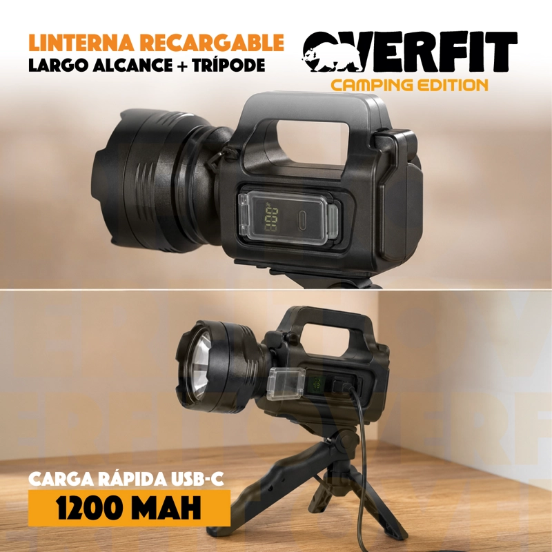 LINTERNA FOCO OVERFIT LARGO ALCANCE ULTRA POTENTE RECARGABLE + TRIPODE - 9