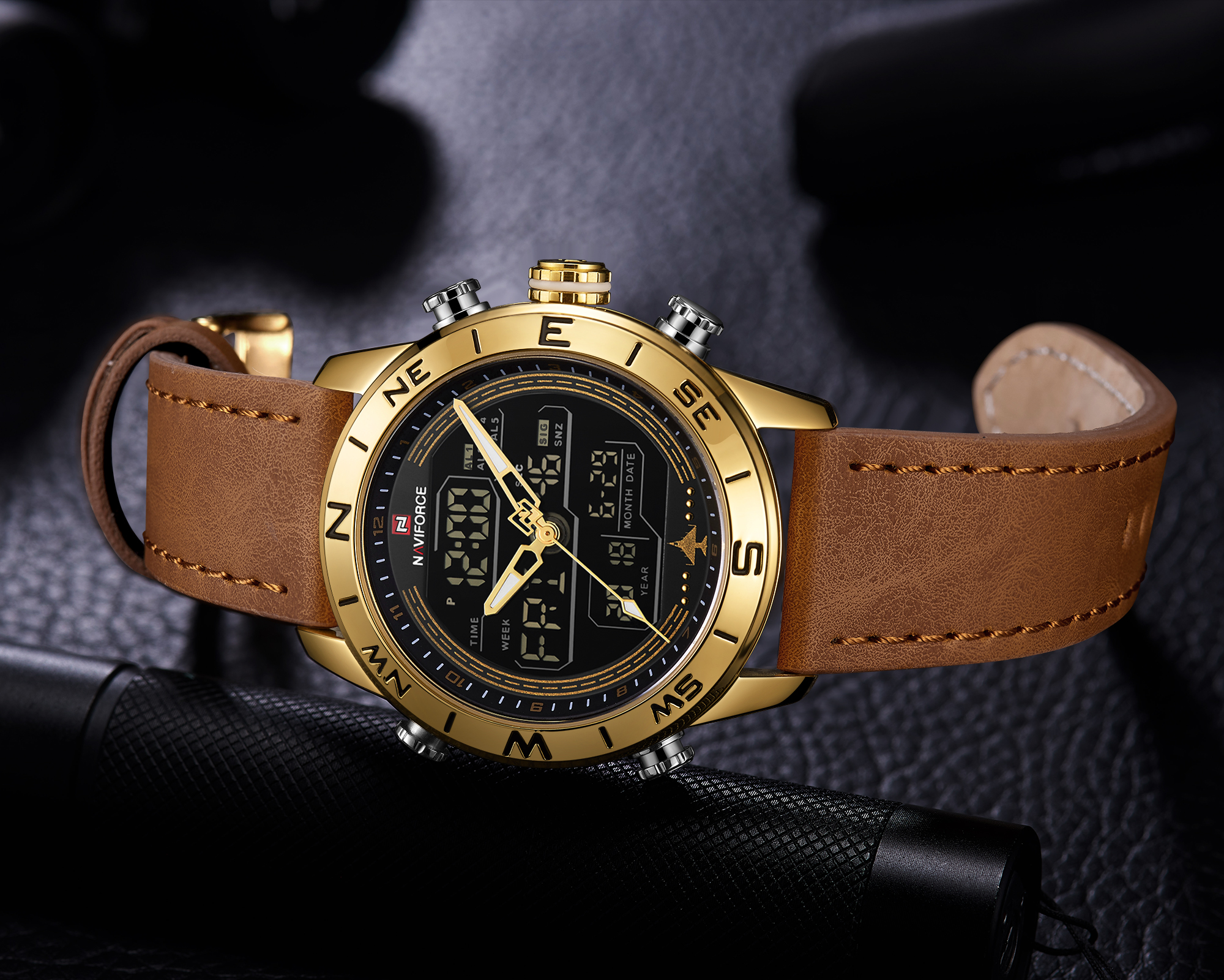 RELOJ HOMBRE NAVIFORCE CUERO CAFE/DORADO ANALOGO DIGITA. - 3
