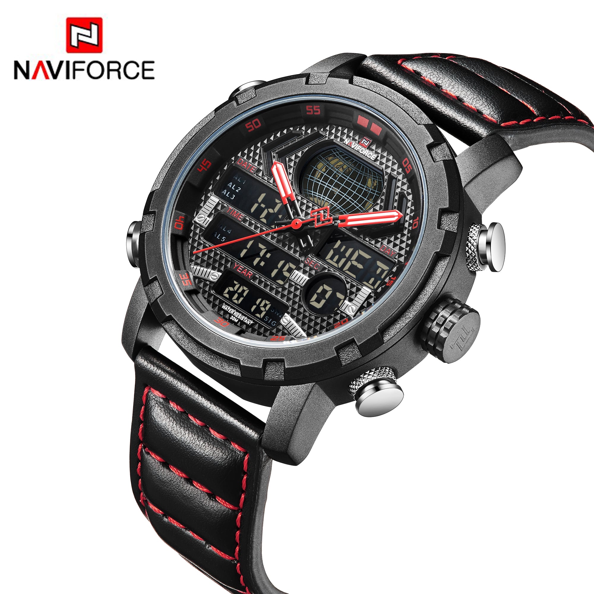RELOJ HOMBRE NAVIFORCE CUERO ANALOGO DIGITAL NEGRO/ROJO. - 2