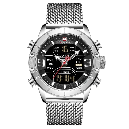 RELOJ  HOMBRE NAVIFORCE PLATEADO ANALOGO DIGITAL MALLA DE ACERO. - 1