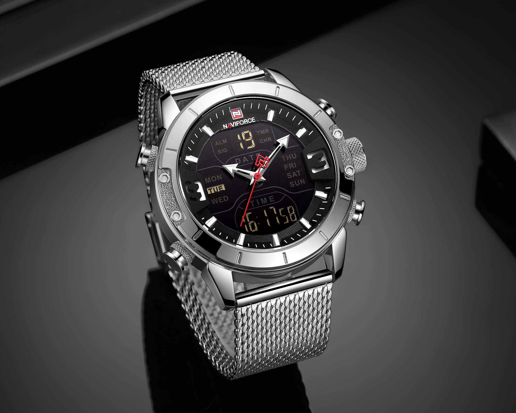 RELOJ  HOMBRE NAVIFORCE PLATEADO ANALOGO DIGITAL MALLA DE ACERO. - 2