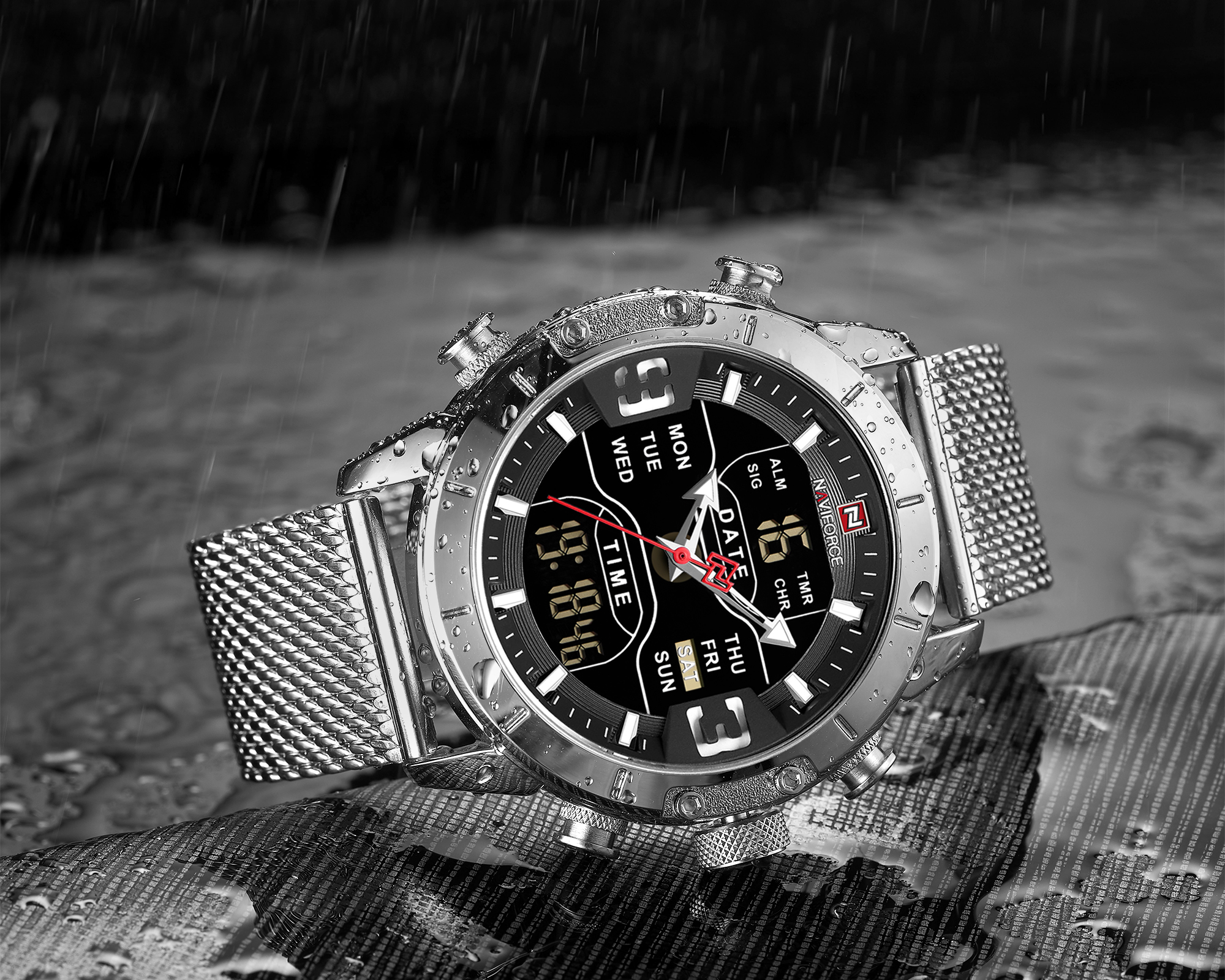 RELOJ  HOMBRE NAVIFORCE PLATEADO ANALOGO DIGITAL MALLA DE ACERO. - 4