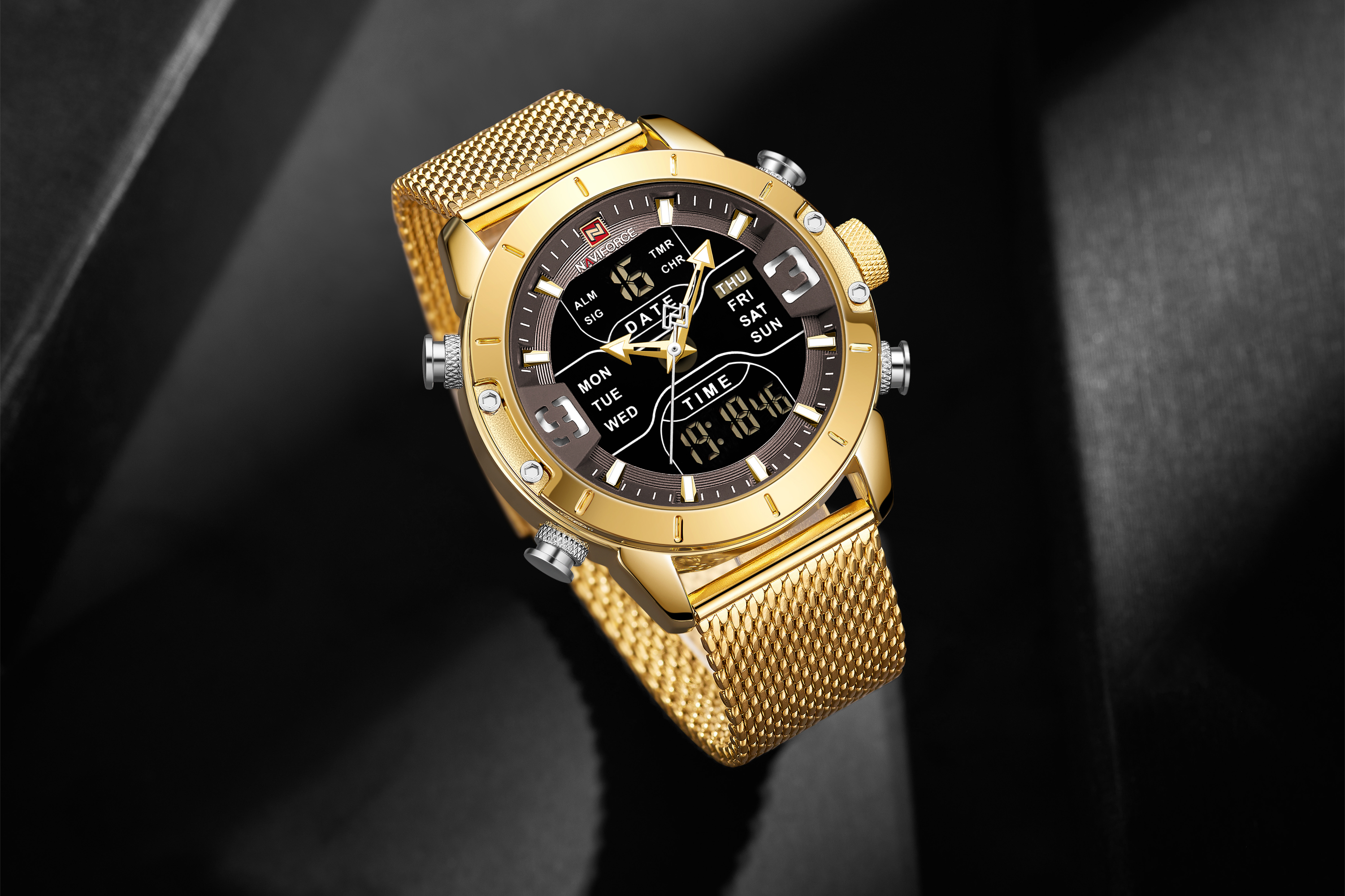 RELOJ HOMBRE NAVIFORCE DORADO ANALOGO DIGITAL MALLA ACERO. - 2