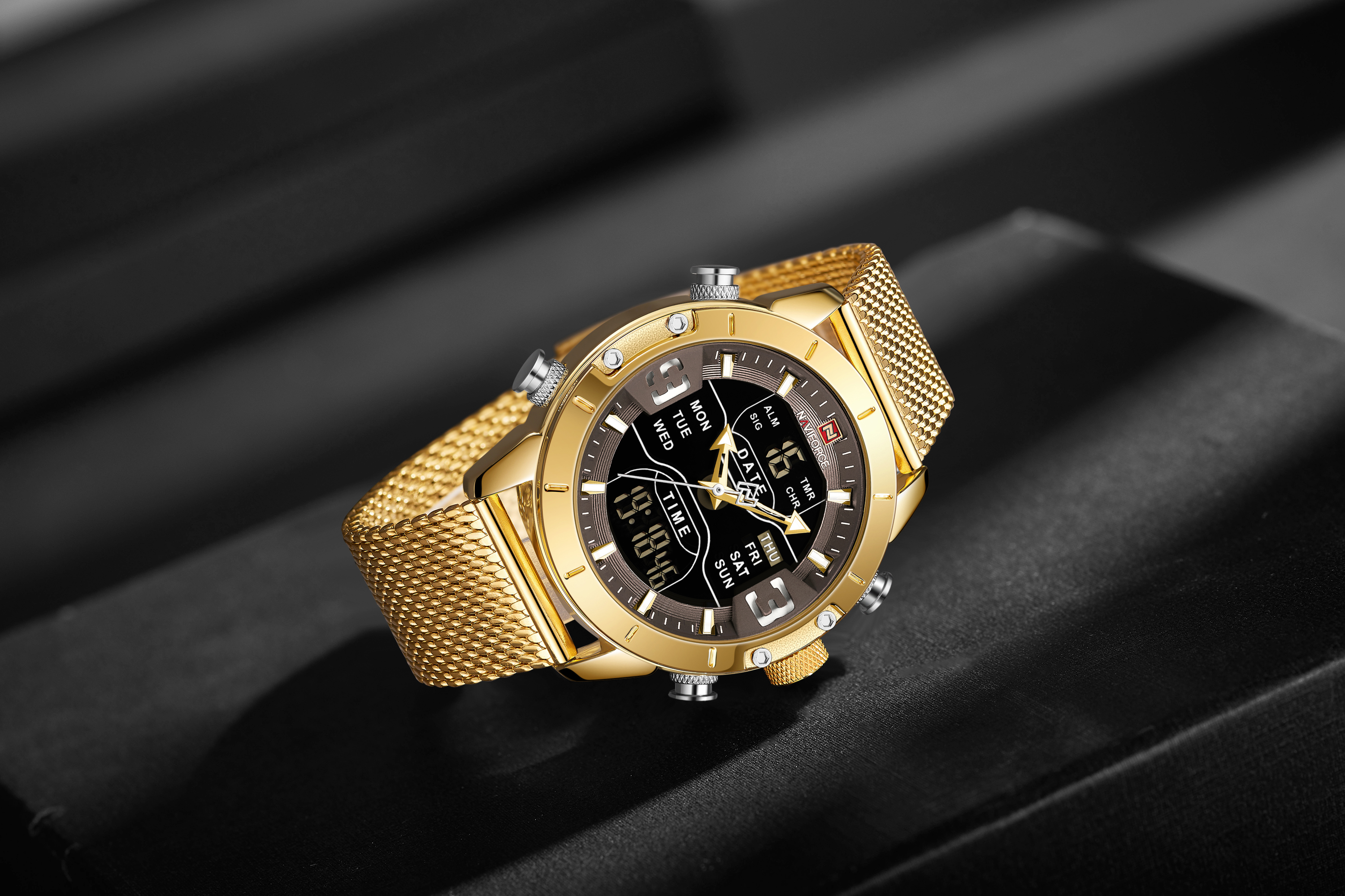 RELOJ HOMBRE NAVIFORCE DORADO ANALOGO DIGITAL MALLA ACERO. - 4