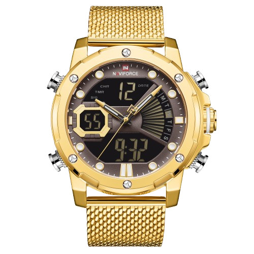 RELOJ HOMBRE NAVIFORCE DORADO ANALGO DIGITAL LED. - 1