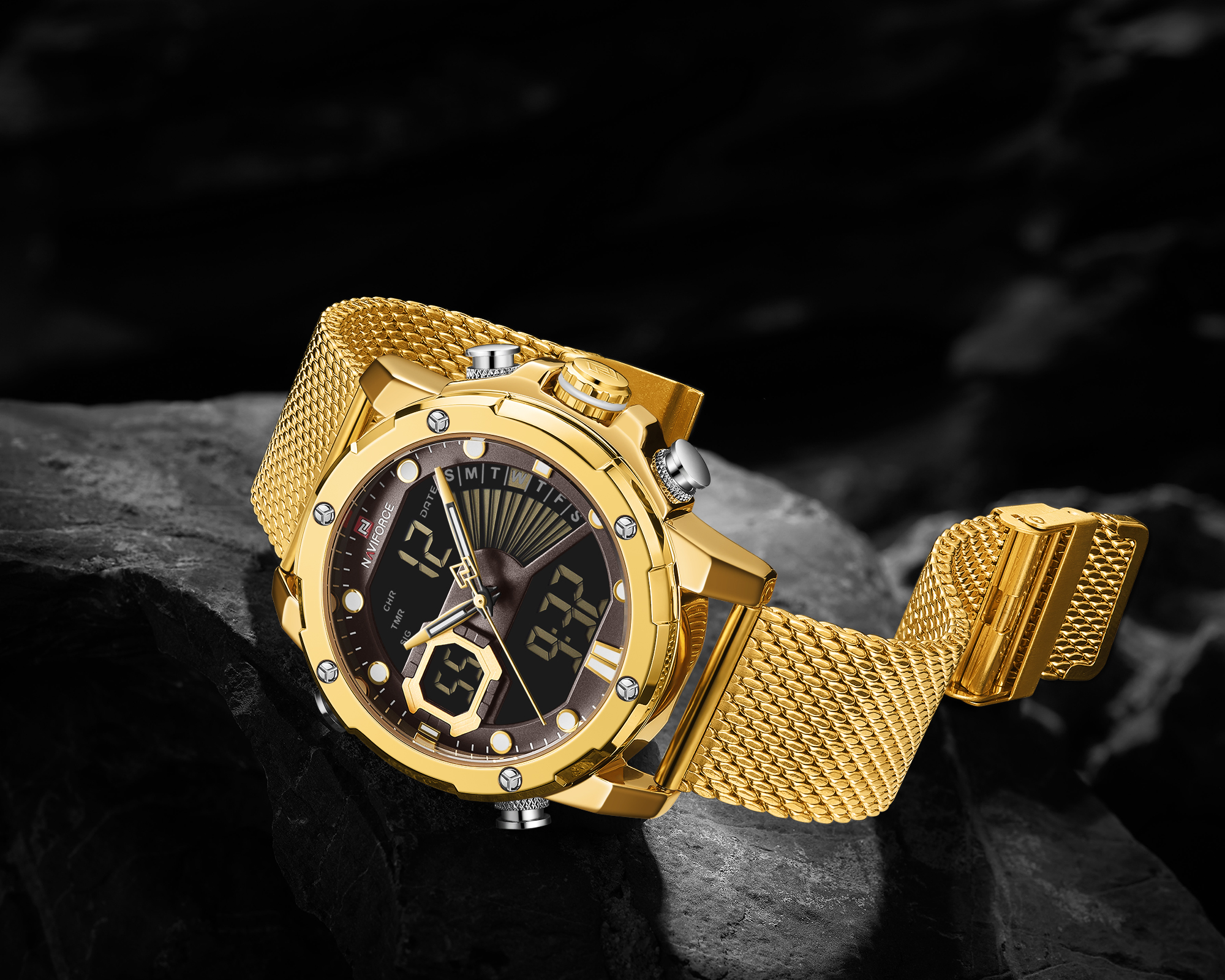 RELOJ HOMBRE NAVIFORCE DORADO ANALGO DIGITAL LED. - 2