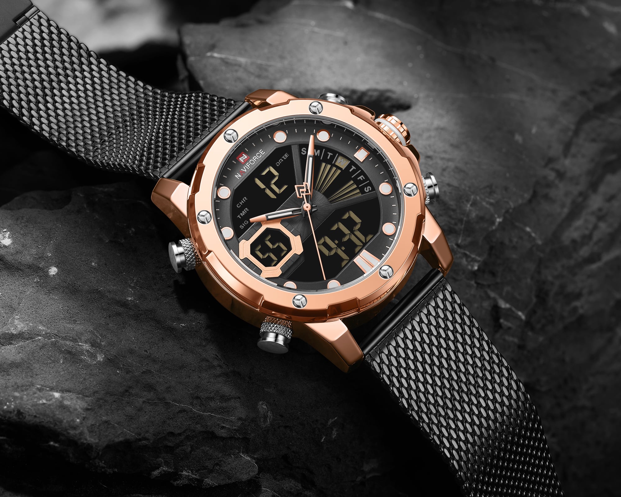 RELOJ HOMBRE NAVIFORCE NEGRO /BRONCE ANALOGO DIGITAL MALLA ACERO. - 3