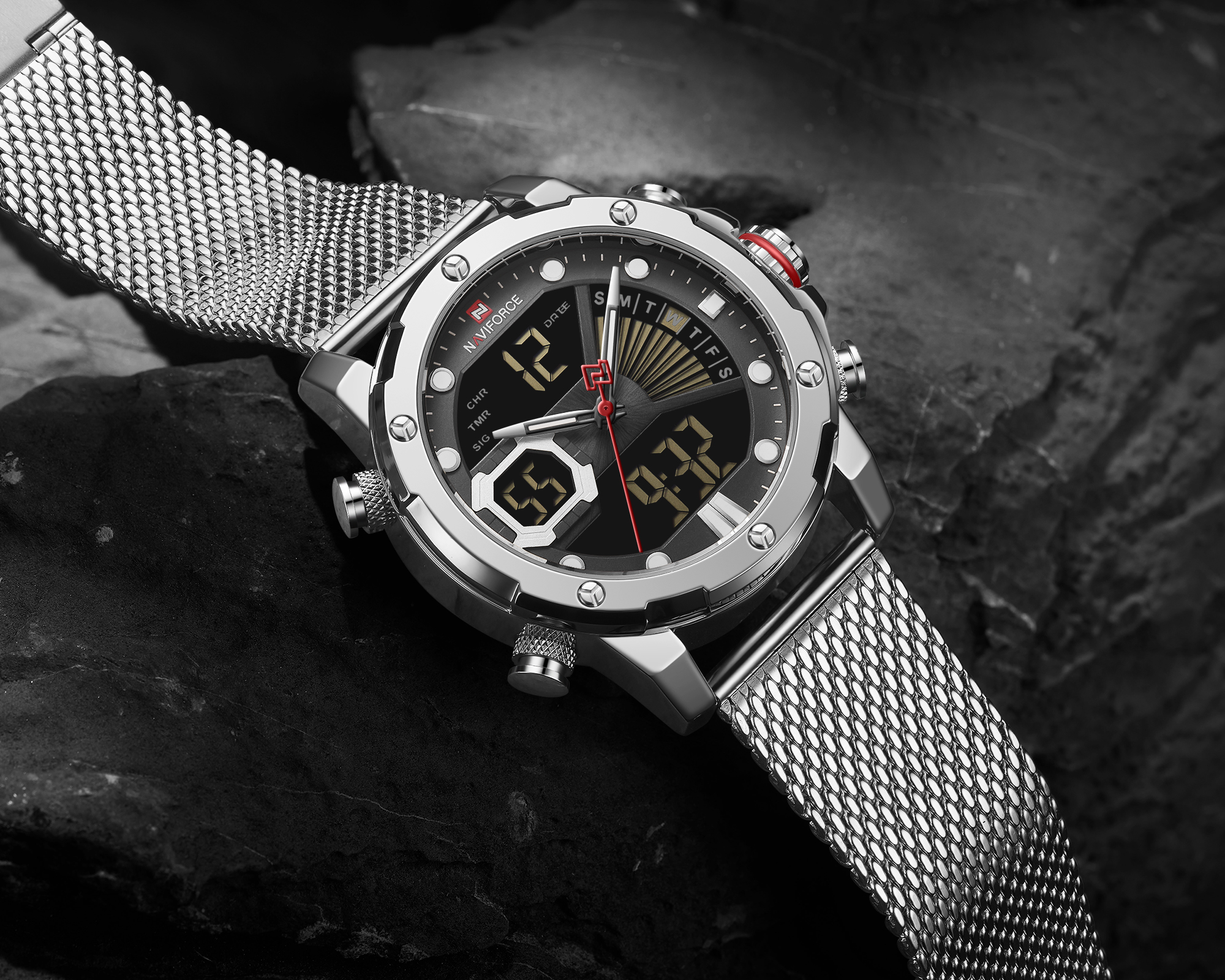 RELOJ HOMBRE NAVIFORCE PLATEADO ANALOGO DIGITAL MALLA ACERO - 2