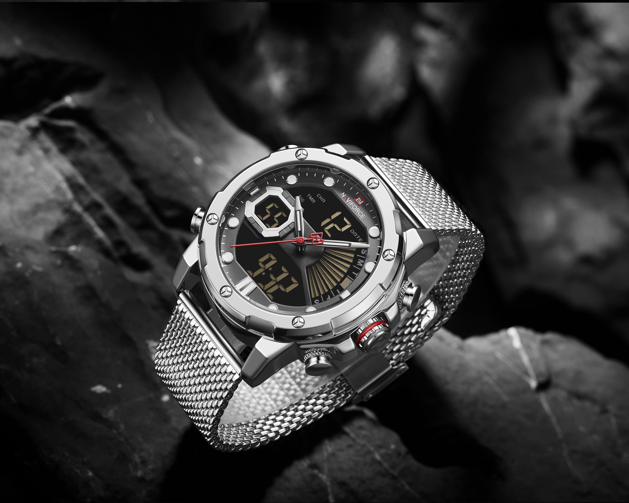 RELOJ HOMBRE NAVIFORCE PLATEADO ANALOGO DIGITAL MALLA ACERO - 3