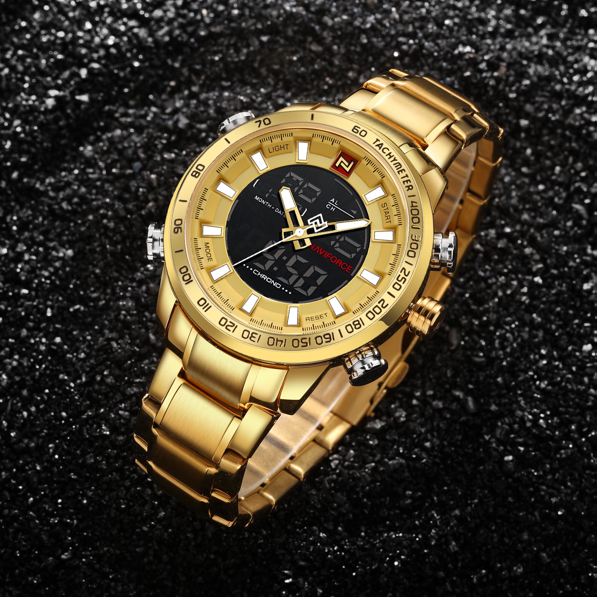 RELOJ HOMBRE NAVIFORCE DORADO ANALOGO DIGITAL DE ACERO. - 2