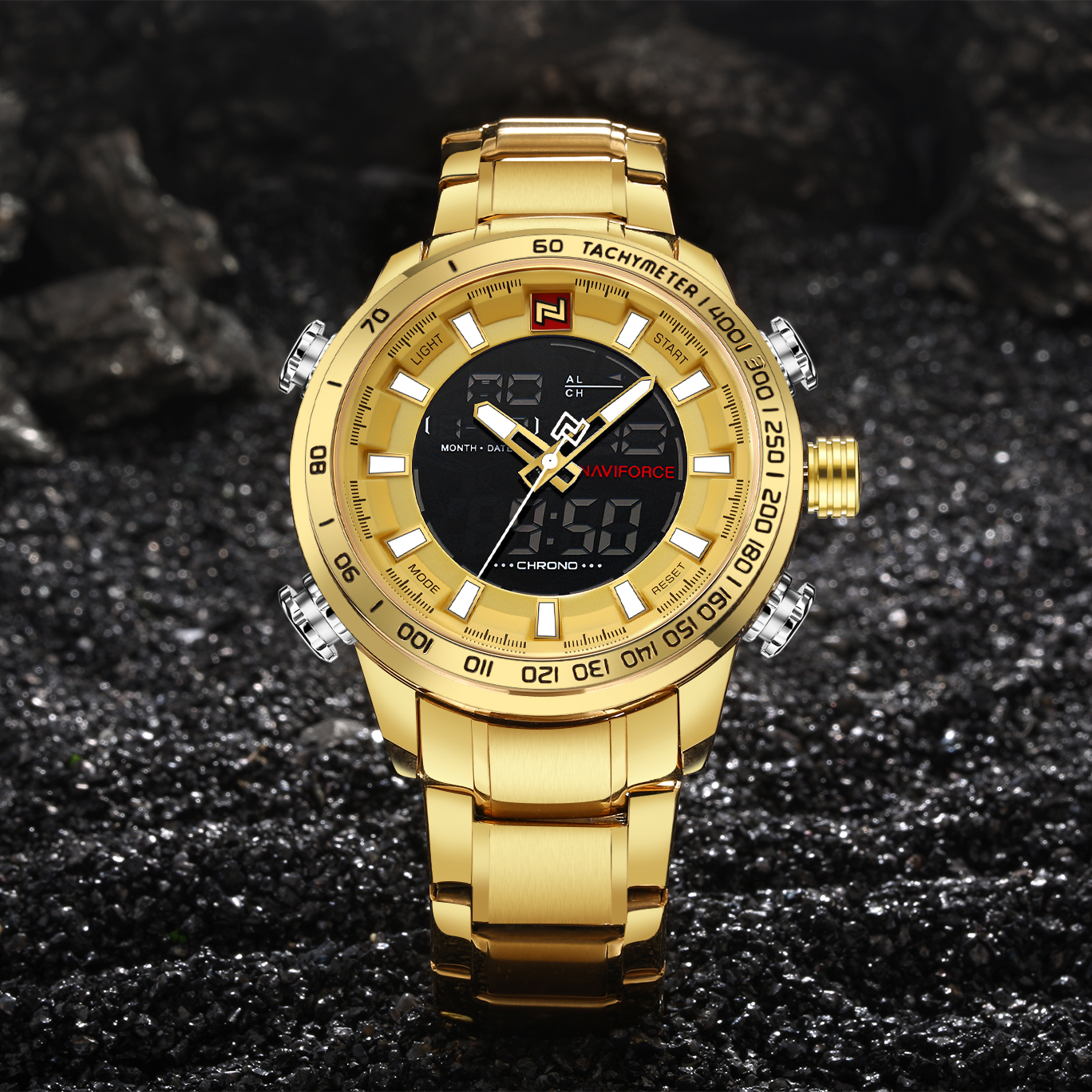 RELOJ HOMBRE NAVIFORCE DORADO ANALOGO DIGITAL DE ACERO. - 5