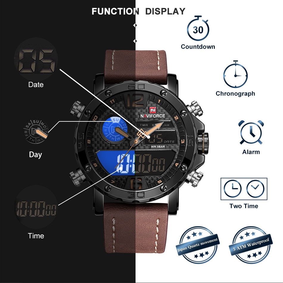 RELOJ HOMBRE NAVIFORCE CUERO CAFE ANALOGO DIGITAL. - 2