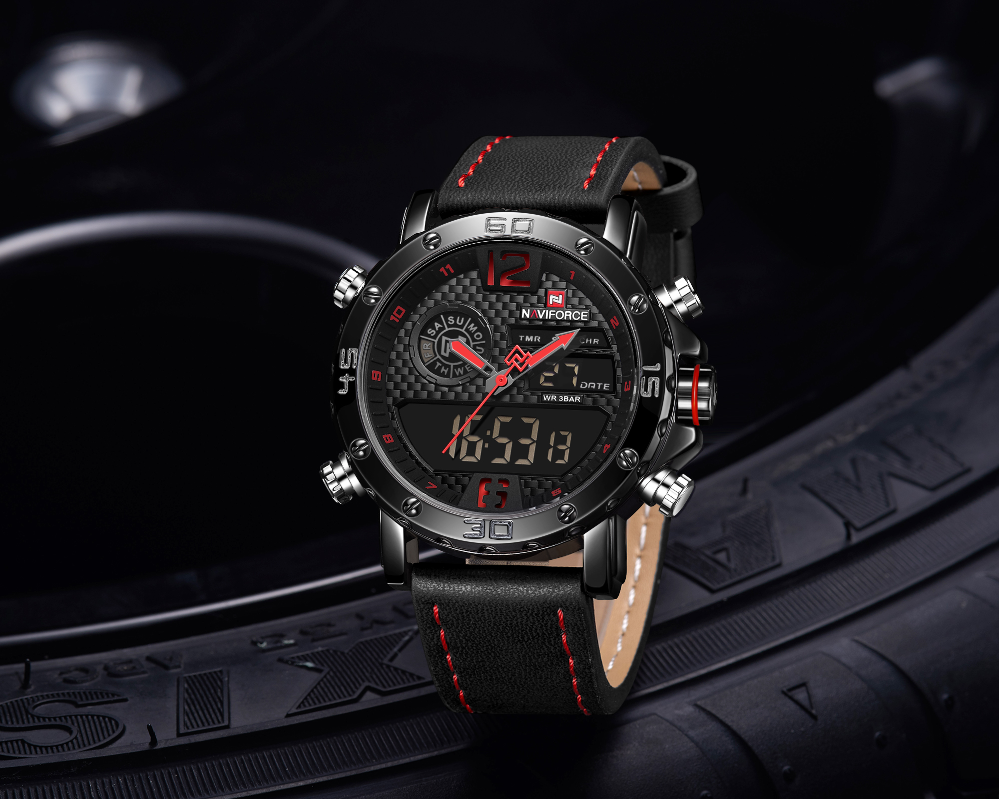 RELOJ HOMBRE NAVIFORCE ROJO CUERO ANALOGO DIGITAL. - 3