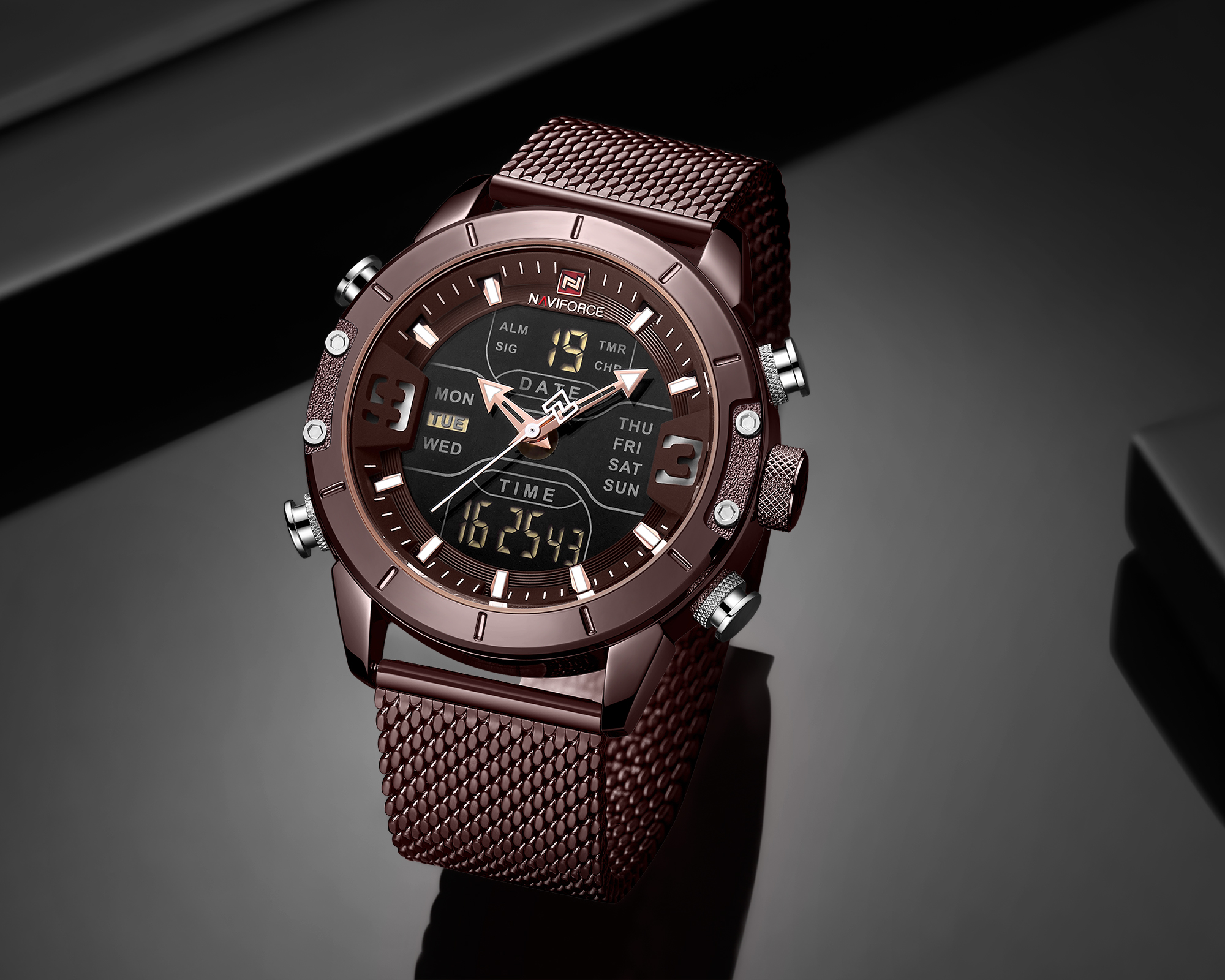 RELOJ HOMBRE NAVIFORCE MORADO ANALOGO DIGITAL MALLA ACERO. - 2
