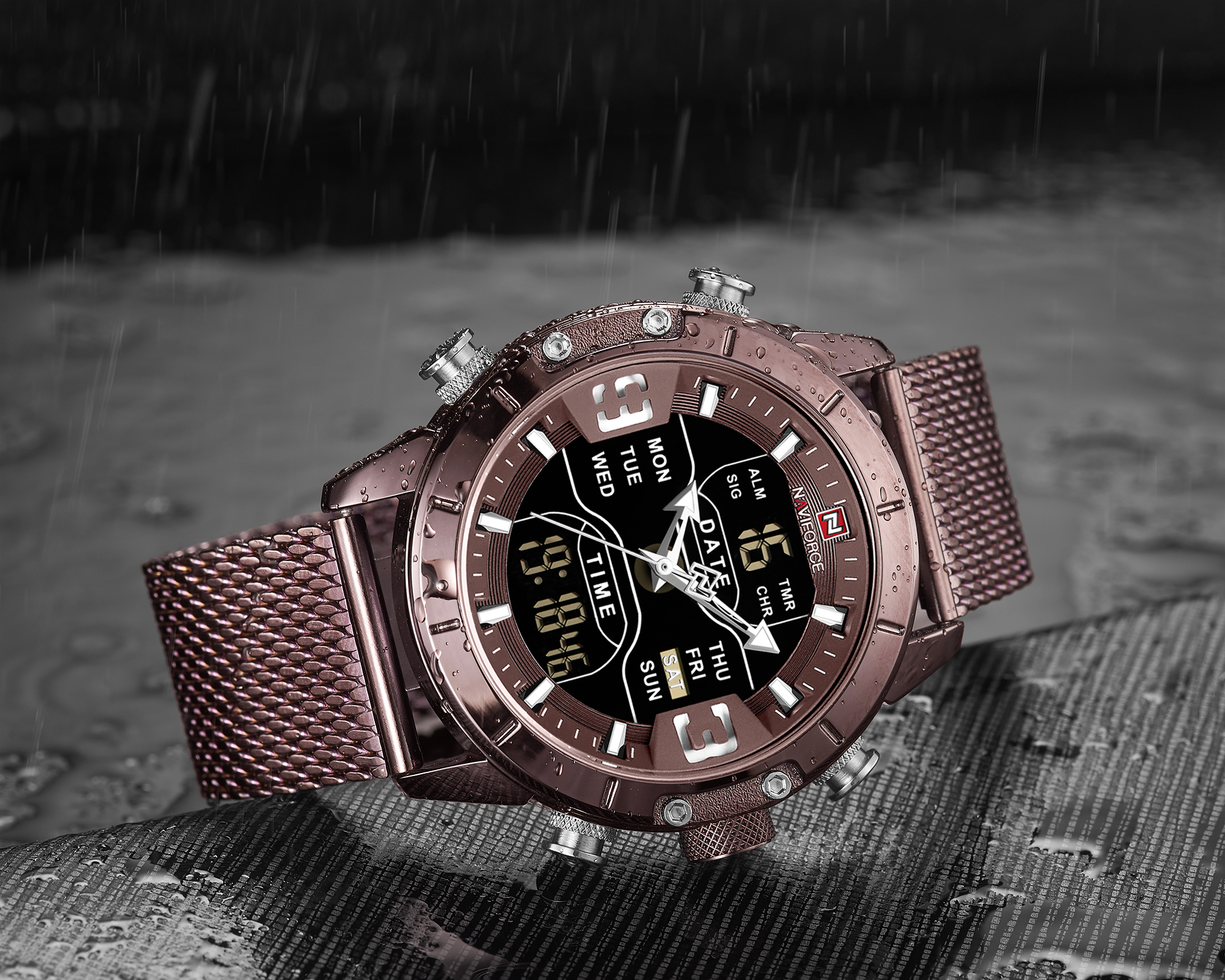 RELOJ HOMBRE NAVIFORCE MORADO ANALOGO DIGITAL MALLA ACERO. - 4