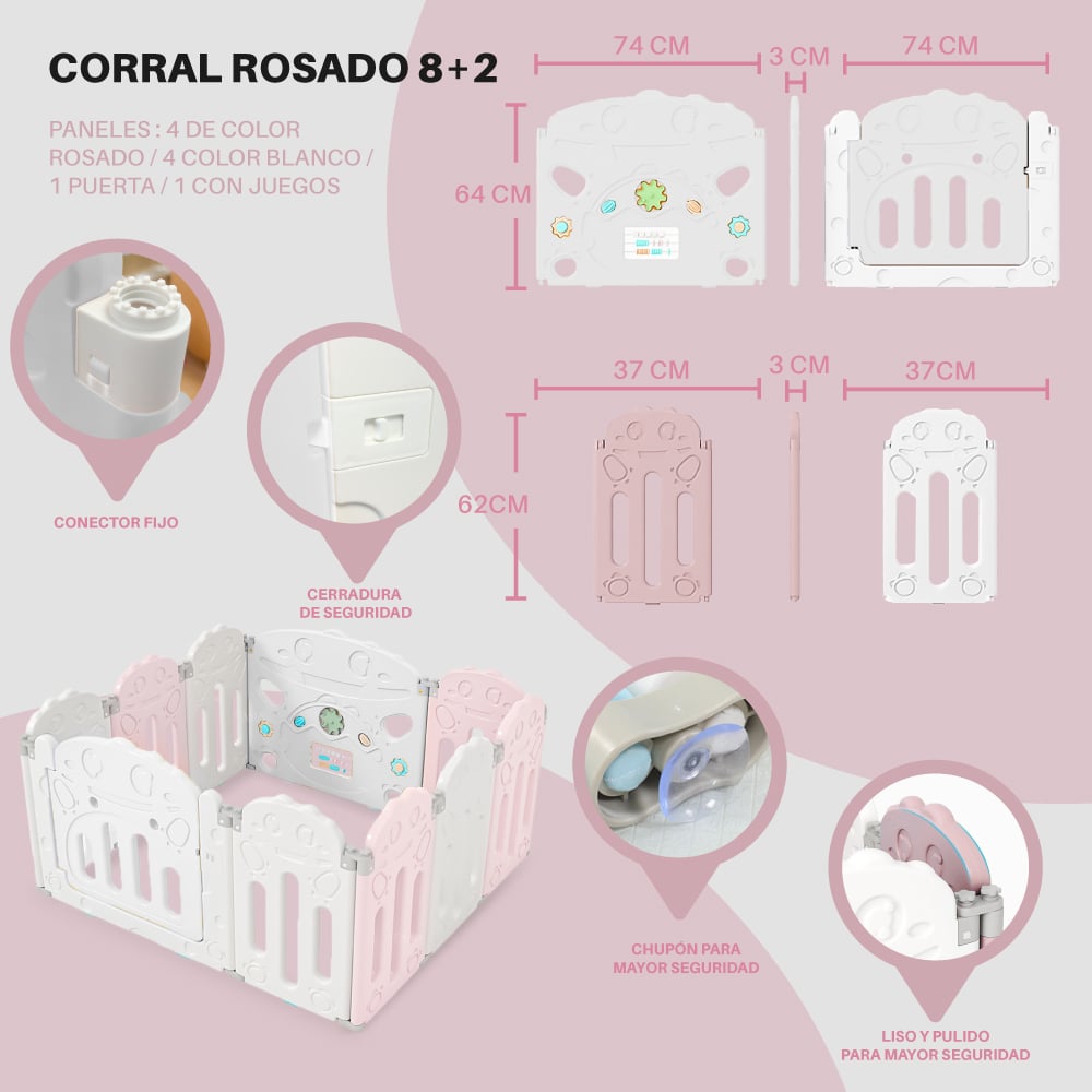 CORRAL PARA BEBE MODELO 8+2 PANELES ROSADO - 2