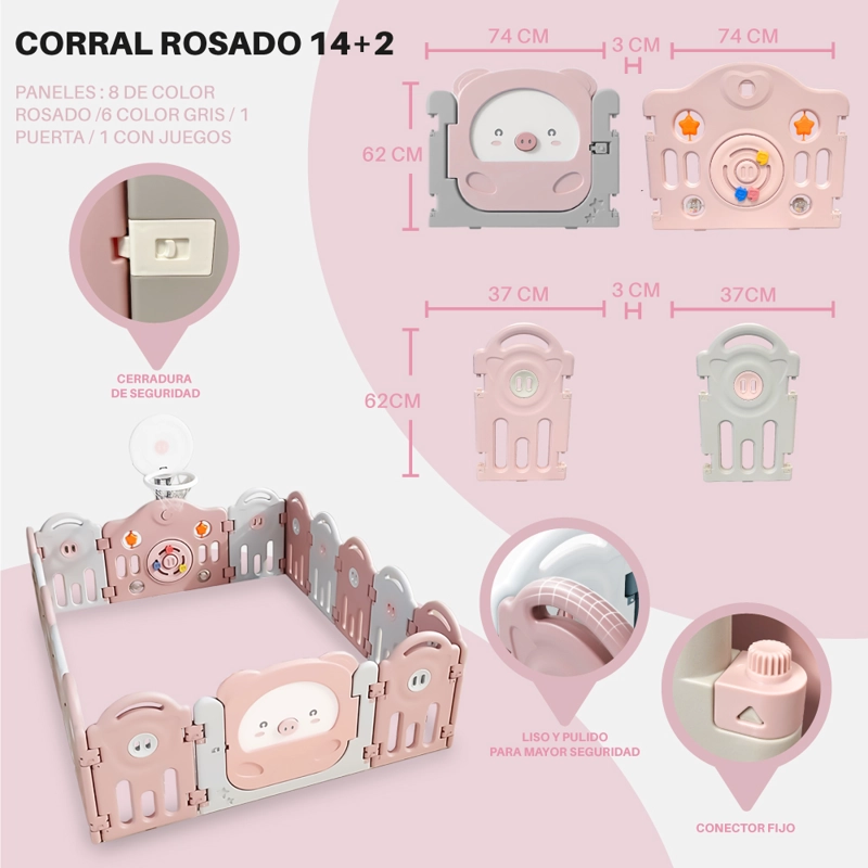 CORRAL KIDSTAR BEBÉ MODELO 14+2 PANELES ROSADO - 2