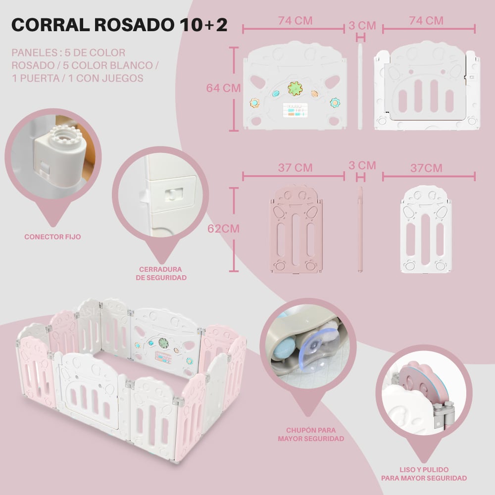 CORRAL PARA BEBE MODELO 10+2 PANELES ROSADO - 2
