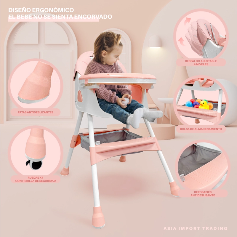 SILLA DE COMER INFANTIL 4 EN 1 KIDSTAR ROSADA – AJUSTABLE, PLEGABLE Y MULTIFUNCIONAL - 3