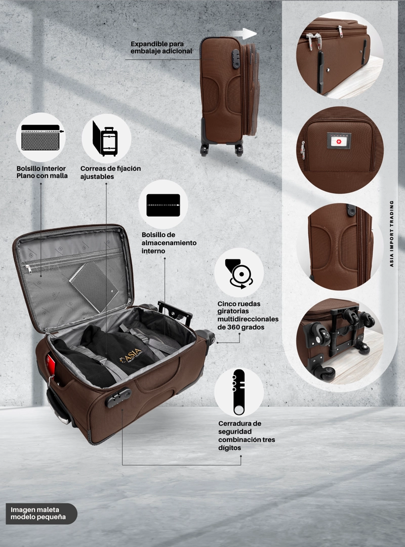 SET DE 4 MALETAS BLANDAS COLOR CAFE - 3
