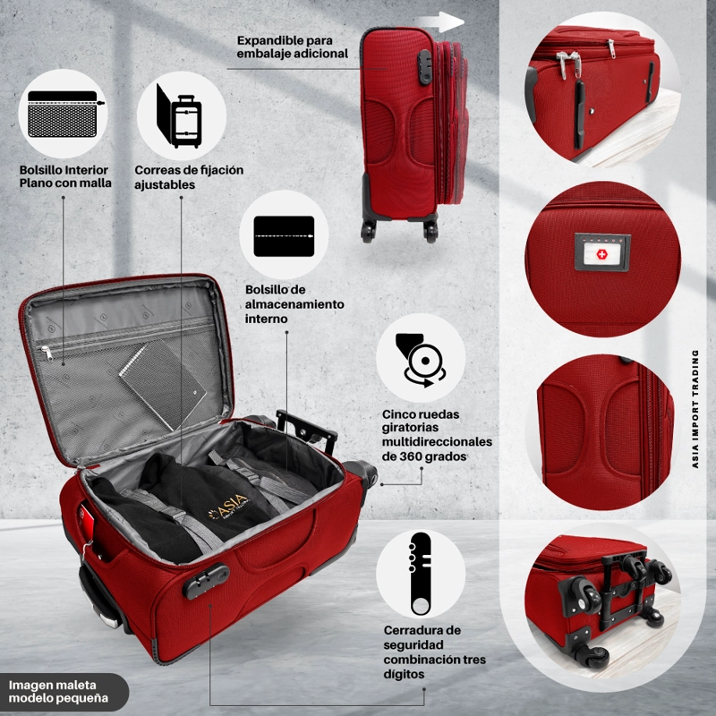 SET DE 4 MALETAS BLANDAS COLOR ROJO - 3