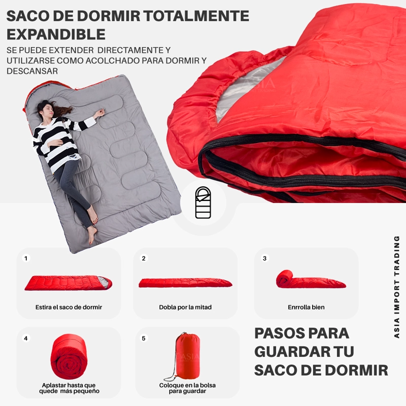 SACO DE DORMIR EXPANDIBLE 2 EN 1 ROJO 148X202 CM - 3