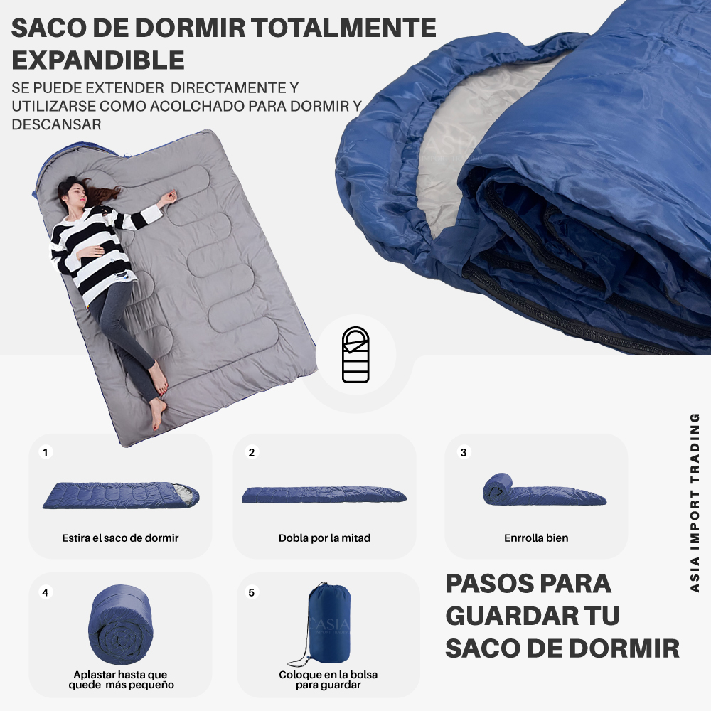 SACO DE DORMIR EXPANDIBLE 2 EN 1 AZUL MARINO 148X202 CM - 3