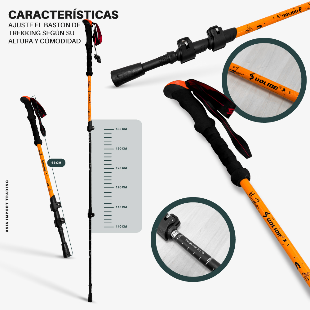 BASTÓN TREKKING PWRFITNESS ALUMINIO BASTON NARANJO - 4