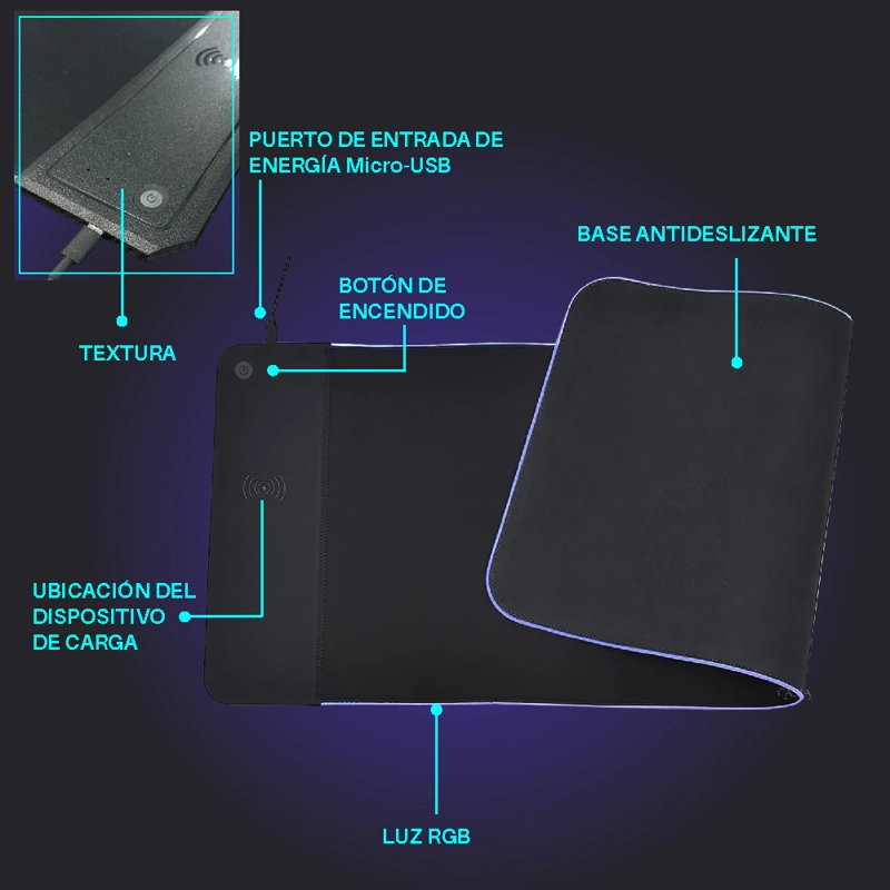 MOUSE PAD GAMER UNISEX PWRFITNESS NEGRO RGB XL CON CARGA INALAMBRICA Y CONTROL - 3