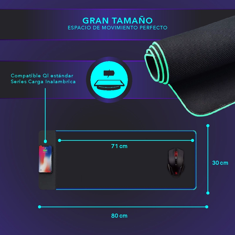 MOUSE PAD GAMER UNISEX PWRFITNESS NEGRO RGB XL CON CARGA INALAMBRICA Y CONTROL - 5
