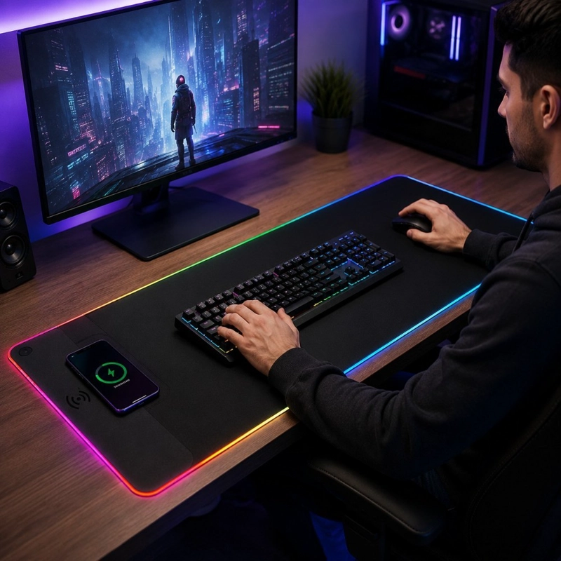 MOUSE PAD GAMER UNISEX PWRFITNESS NEGRO RGB XL CON CARGA INALAMBRICA Y CONTROL - 6