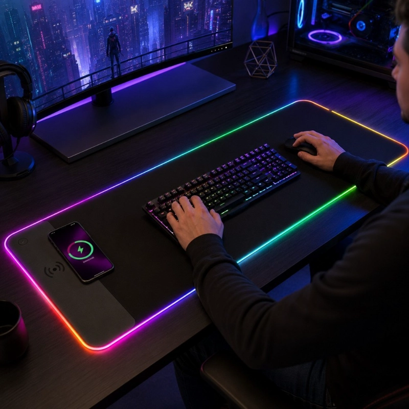 MOUSE PAD GAMER UNISEX PWRFITNESS NEGRO RGB XL CON CARGA INALAMBRICA Y CONTROL - 7